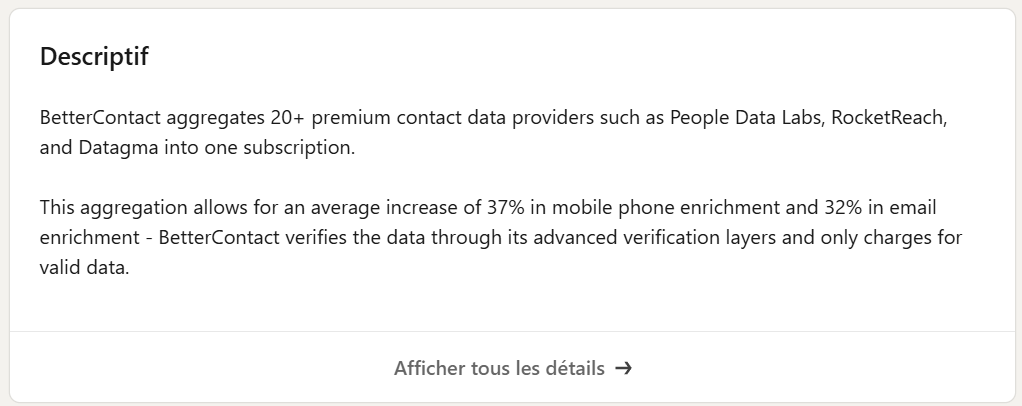 Descriptif de la page LinkedIn de BetterContact